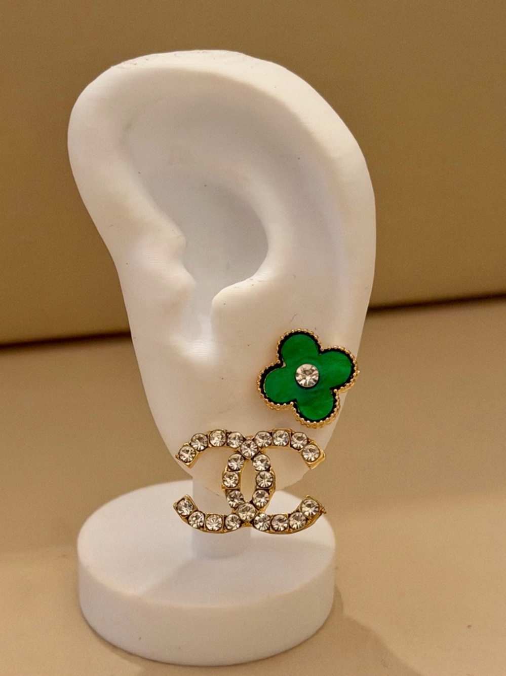 CC Lettered Green Clover and Gold Crystal CC Stud Earring Set